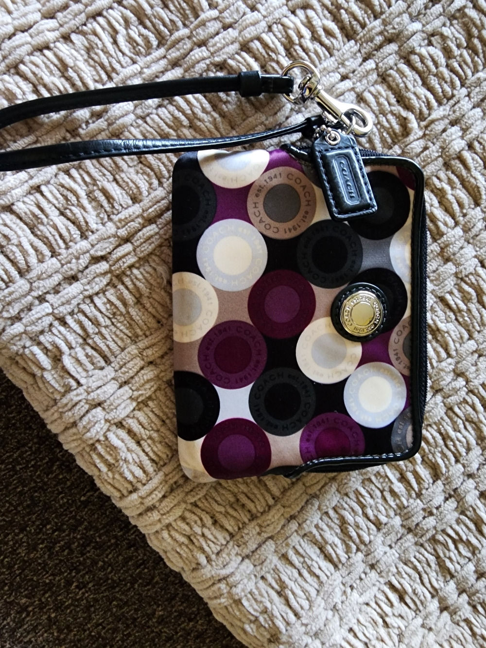 Coach Purple, Black and White Circle Print Wristlet with Leather Strap
